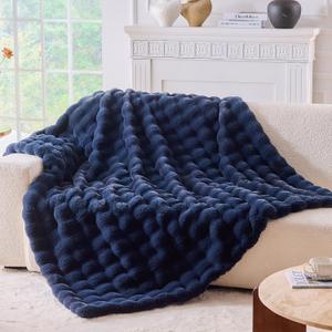 BENVWE Fluffy Faux Fur Throw Blanket for Couch, Soft Plush Thick Cozy Fuzzy Luxury Minky Bubble Blanket for Home Living Room Decor Gift for Women, Navy Blue, 63" x 80", 1100GSM