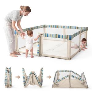 Foldable Baby Playpen,Portable Indoor & Outdoor Playpen for Babies and Toddlers,59”x79”Extra Large Play Pen with Gate and Travel Bag,Collapsible Khaki Baby Fence with Green Stripes