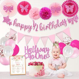 Half Birthday Decorations Baby Girl, Hombae 12 Birthday Decorations Supplies, 6 Months Birthday Decorations, Pink Rose Gold Glitter Half Birthday Banner with Triangle Flag Banner, 12 Birthday Hat