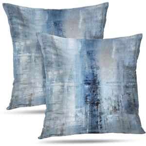 Blue and Grey Abstract Art Artwork Pillow Cover, Gallery Modern Decorative Throw Pillows Cushion Cover for Bedroom Sofa Living Room 18 x 18 Inch Set of 2
