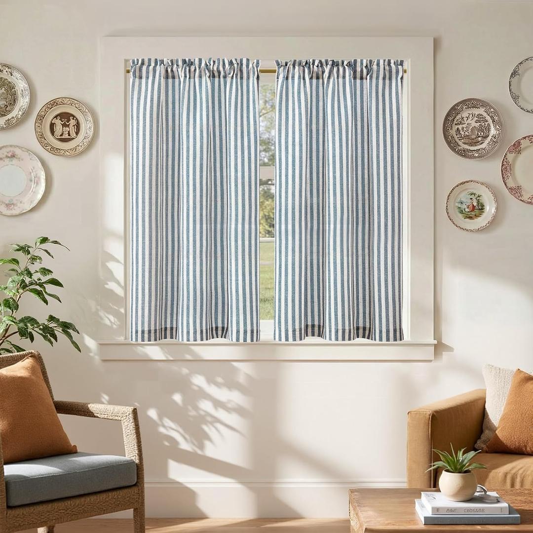 jinchan Striped Linen Kitchen Curtains 45 Inches Length Tier Curtains Farmhouse Modern Cafe Style Small Window Treatments Airy Light Filtering Rod Pocket for Living Room Bathroom 2 Panels Blue