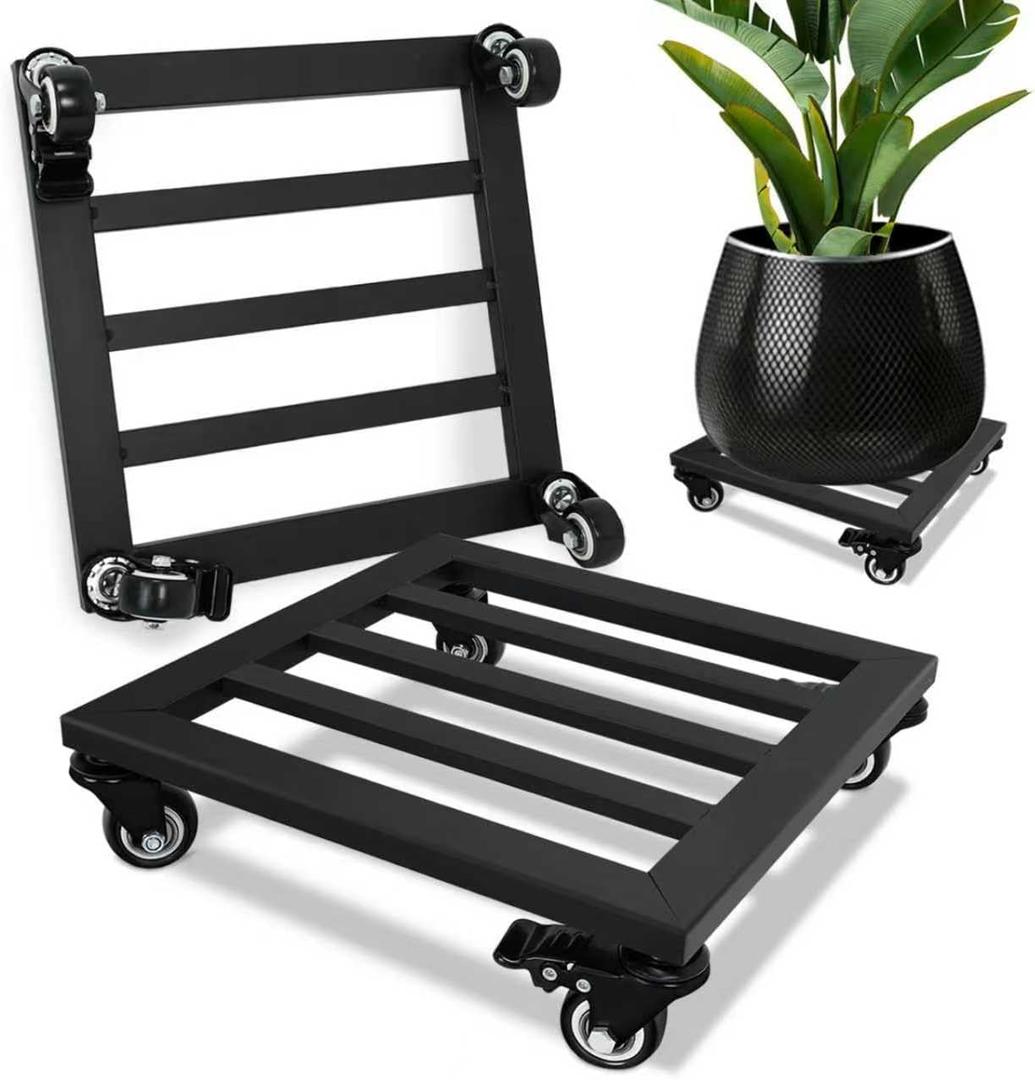 SPEETH Plant Caddy with Wheels, 2 Pack 12 Inch Plant Stand with Wheels Metal Square Planter Dolly with Lockable Caster Heavy Duty Dolly Base for Indoor Outdoor, Black