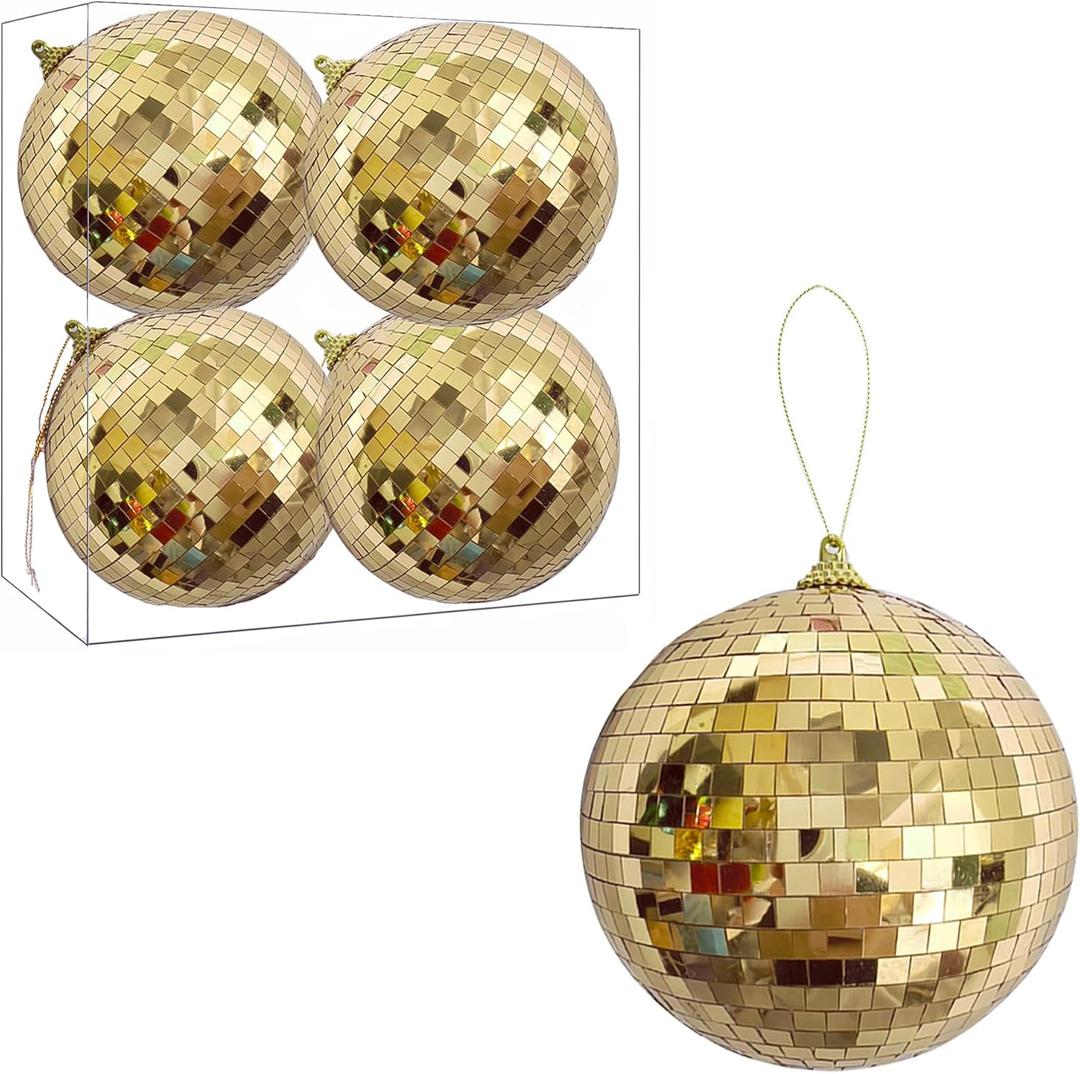 4Pcs Christmas Balls Ornaments for Xmas Tree - Shatterproof Christmas Ball Xmas Tree Decorations Hanging Ball Gold PET 4in x 4 Pack
