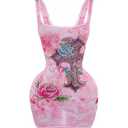 WDIRARA Women's Floral Graphic Rhinestone Bodycon Tank Dress Square Neck Sleeveless Mini Dresses Pink Small
