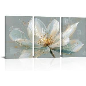 White Lotus Canvas Wall Art Grey Gold Floral Decor Living Room Bedroom | Neutral White Magnolia Canvas Print Flower Painting Abstract Artwork Farmhouse Zen Home Decor 3 Panel 16x24 Inch