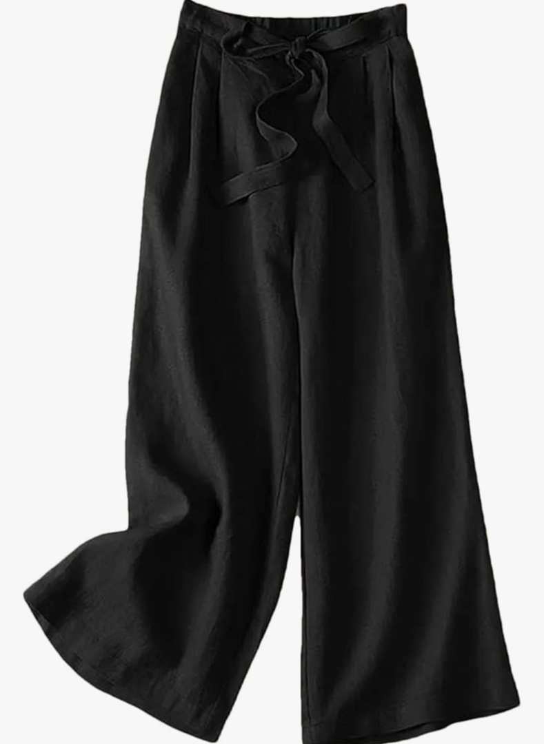 Niiyyjj Women Elastic Waist Solid Long Pants Wide Leg Trousers Casual Lace Up Cotton Palazzo Pantalon- Medium