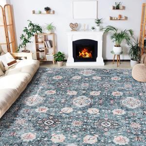 8x10 Area Rugs Washable Boho Rug, Non Slip Carpet for Living Room, Bedroom, Kitchen, Soft Low-Pile, Indigo/Floral