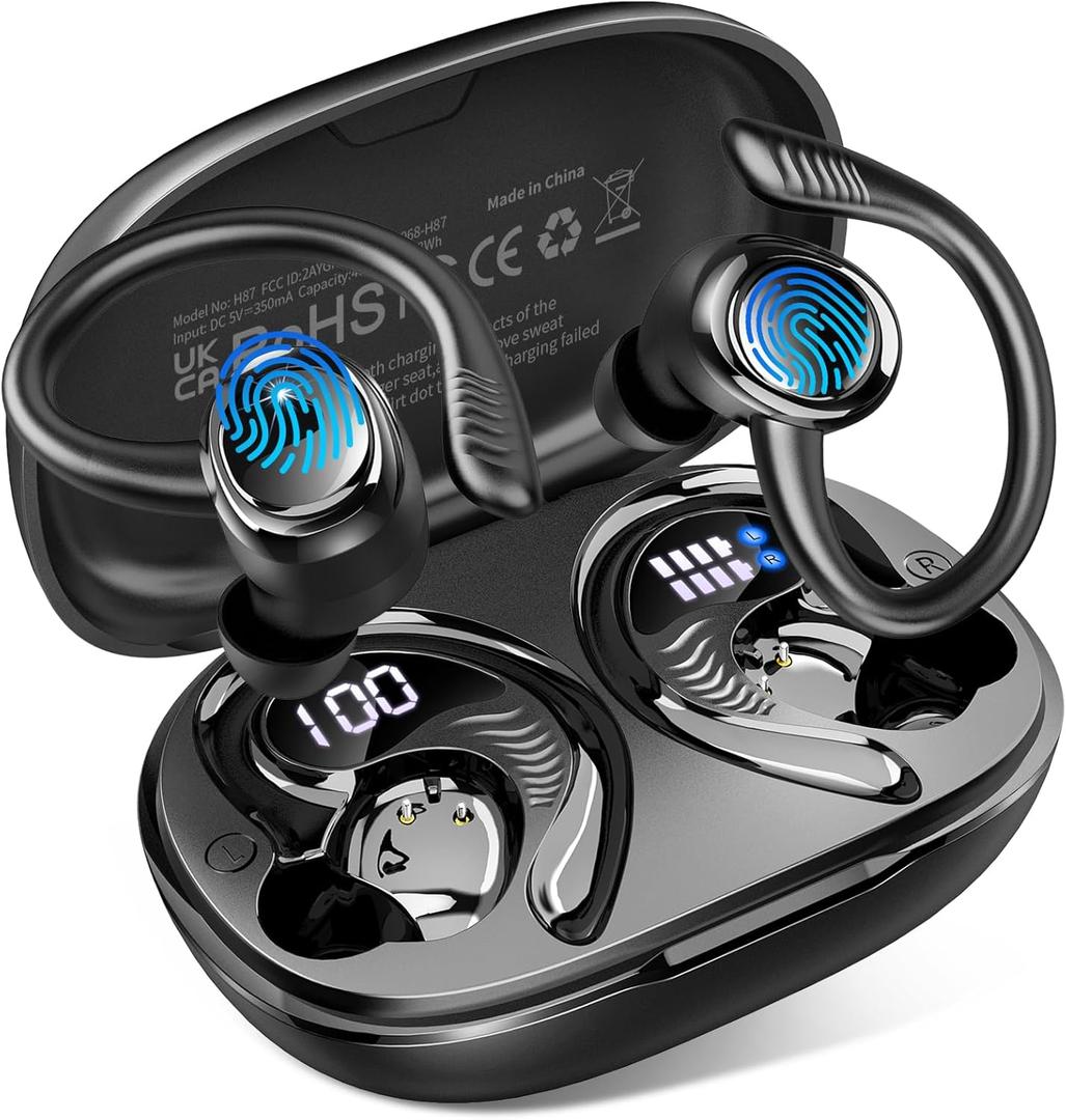 Hupoaf Wireless Earbuds Sport, NEW Bluetooth 5.4 Headphones with Earhooks, 50H Stereo Deep Bass Over Ear Buds with 4 ENC Noise Canceling Mics, IP7 Waterproof Earphones for Running Workout Gym -Black