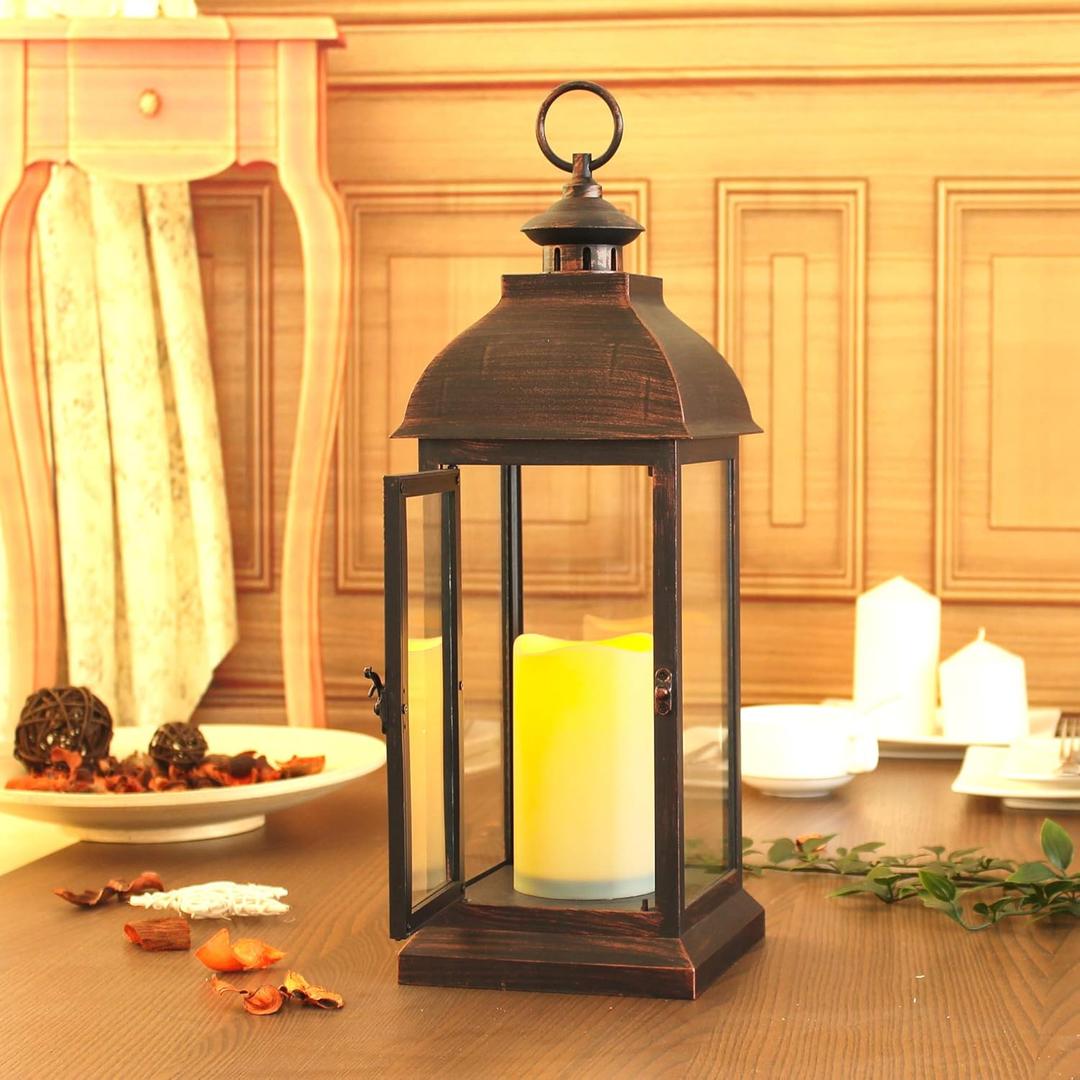 WRalwaysLX 15 inch H The Door-Open Decorative Lantern with flameless LED Candle Light, Outdoor/Indoor LED Lantern, wtith Timer CandlePlastic with Bronze Undertones.USE 2C Battery(not Include)