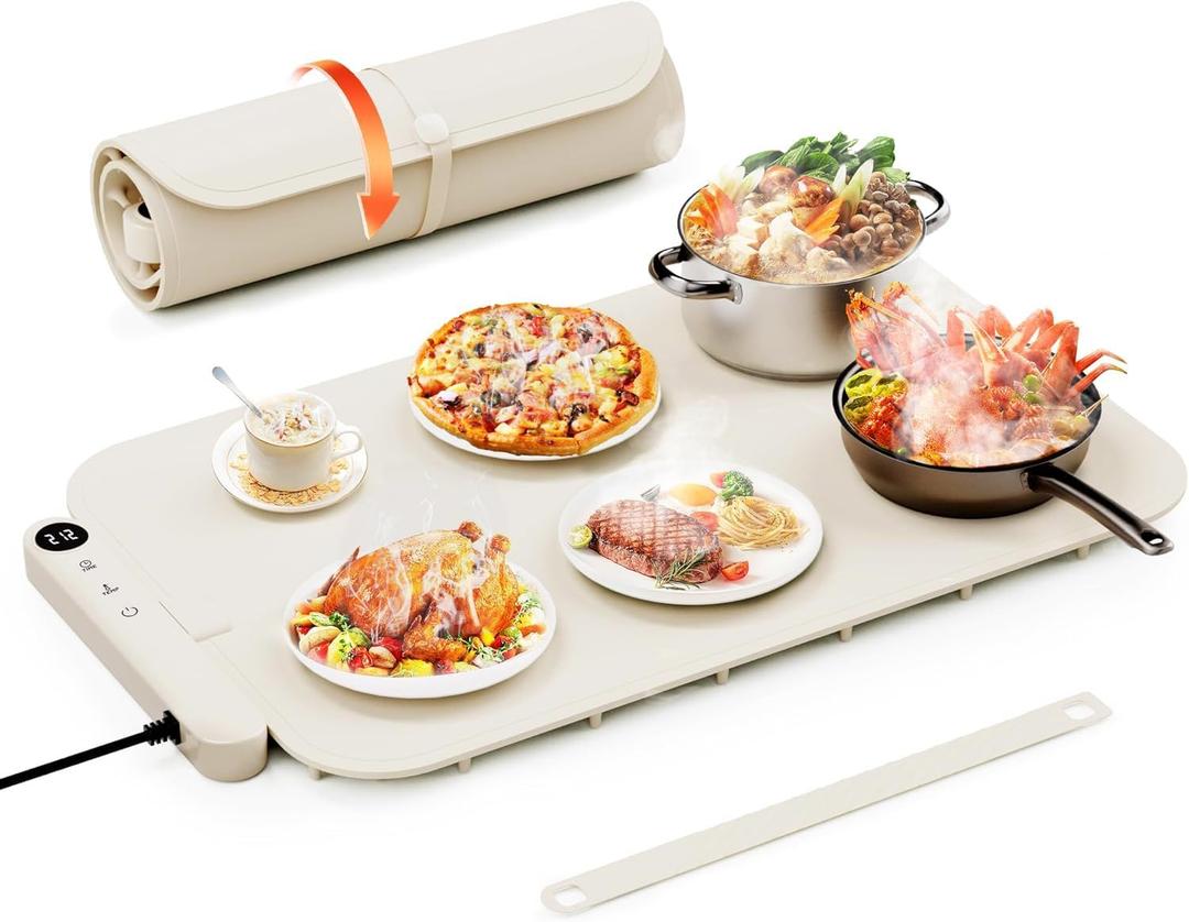 Food Warming Mat, Electric Warming Tray with Timer and 6-Level Adjustable, Fast Full-Surface Heating Mat for Food, Roll-Up & Portable Silicone Food Warmer for Buffet Party Parties