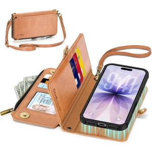TUCCH Removable Crossbody Case Wallet for iPhone 17 (6.3-inch) 2025, Wireless Charging, RFID Blocking 9 Card Slots, Lanyard, Wrist Strap, Zipper Pocket, PU Leather, Stand Magnetic Cover, Light Brown