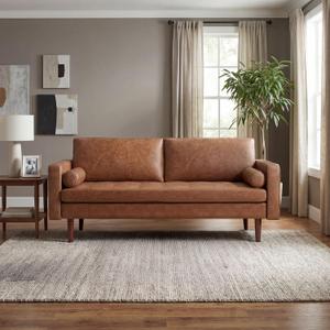 70" Mid-Century Modern Sofa Couch  Faux Leather Loveseat Sofa with Deep Seat & Solid Wood Frame  Includes 2 Accent Pillows  Brown Living Room Bedroom Office | Faux Leather, Easy to Clean, High Back Support, Abrasion-resistant