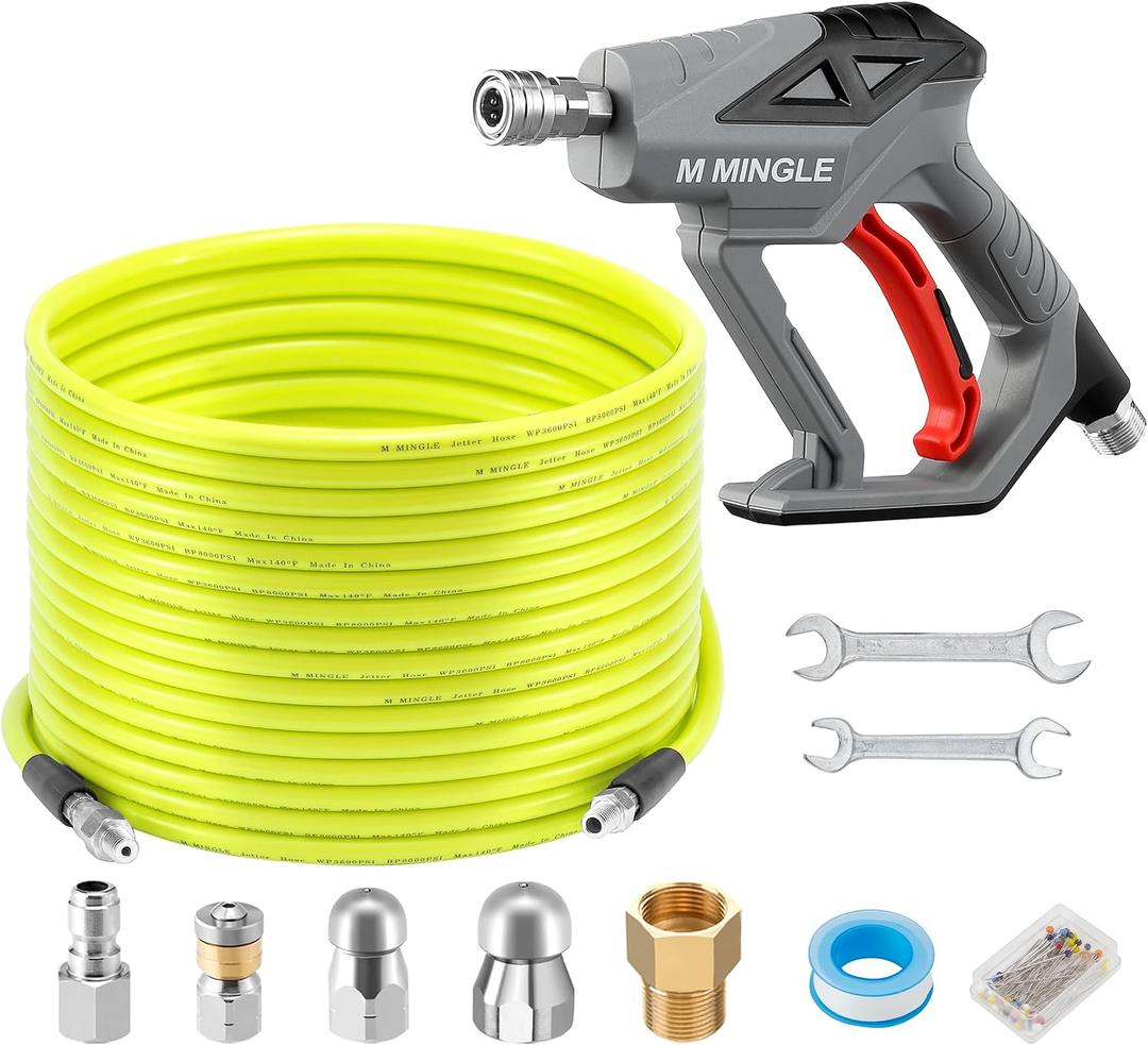 M MINGLE Sewer Jetter Kit for Pressure Washer 100 FT, Drain Cleaner Hose with Power Washer Gun, 1/4 Inch NPT Corner Rotating and Button Nose Sewer Jetting Nozzle, Orifice 4.0, 4.5 (Yellow)