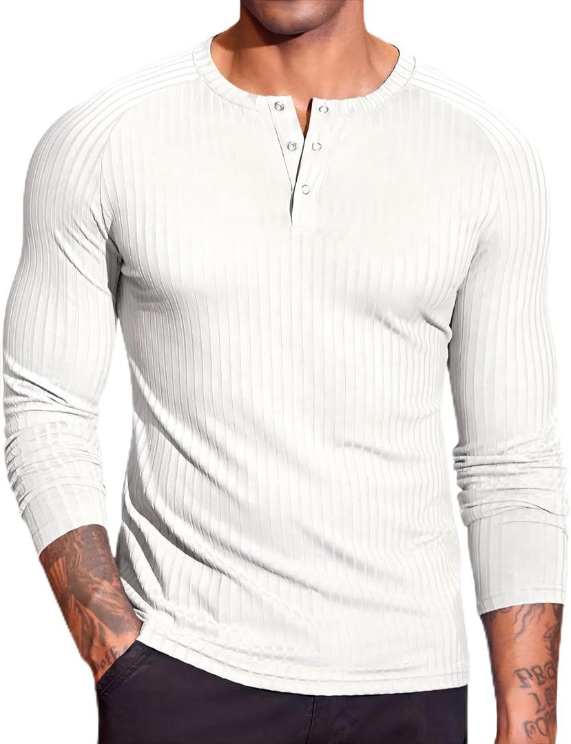 COOFANDY Men's Muscle Slim Fit T-Shirt Long Sleeve Henley Shirts Casual Gym Workout Athletic Tee Shirts (Large)
