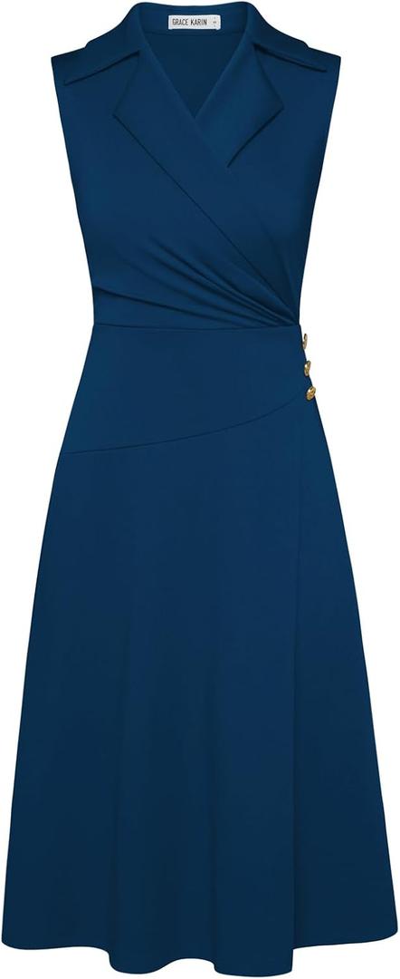 GRACE KARIN Sleeveless Business Work Dress for Women V Neck Notch Lapel Ruched Wrap V Neck Ruched Wrap V Neck Midi Dress Blue Green L