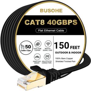 BUSOHE Cat 8 Ethernet Cable 150 FT, 40Gbps 2000MHz Cat8 High Speed Flat Internet Network Patch Cord, Shielded LAN Wire with Gold Plated RJ45 Connector for Outdoor Indoor, with Clips - 150FT Black