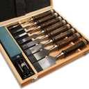 SELFIE CAT 10 Piece Wood Chisel Set for Woodworking Tools Wood Carving Tools with Wooden Case and Sharpening Stones Wood Carving Kit for Beginners and Professionals Black Walnut