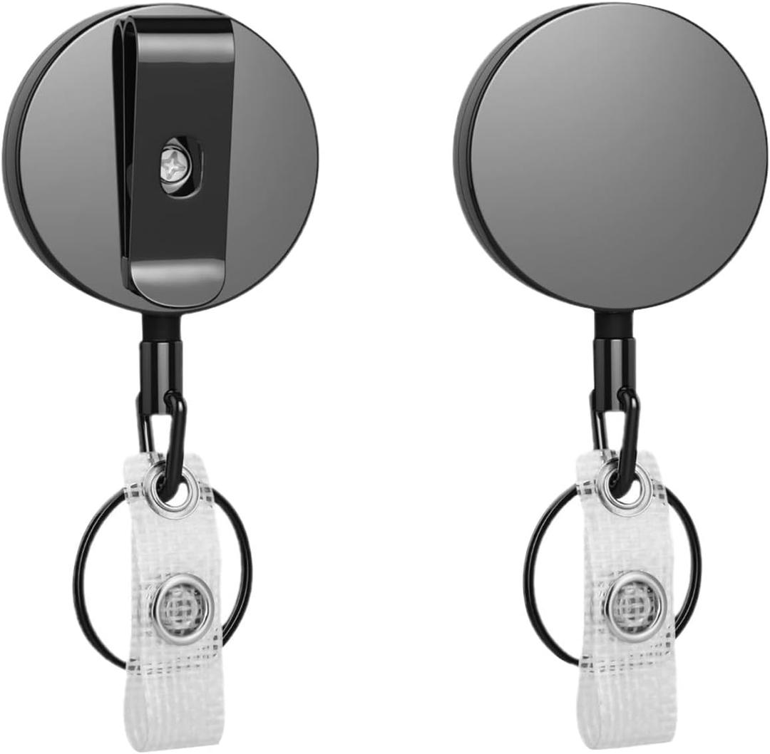 2 x Retractable Keychain with Badge Holder Clip - 2-Pack All-Metal Casing with 27.5" Durable Fiber Cord, Round Glossy Black - Retractable Keychain and Badge Holder Clip