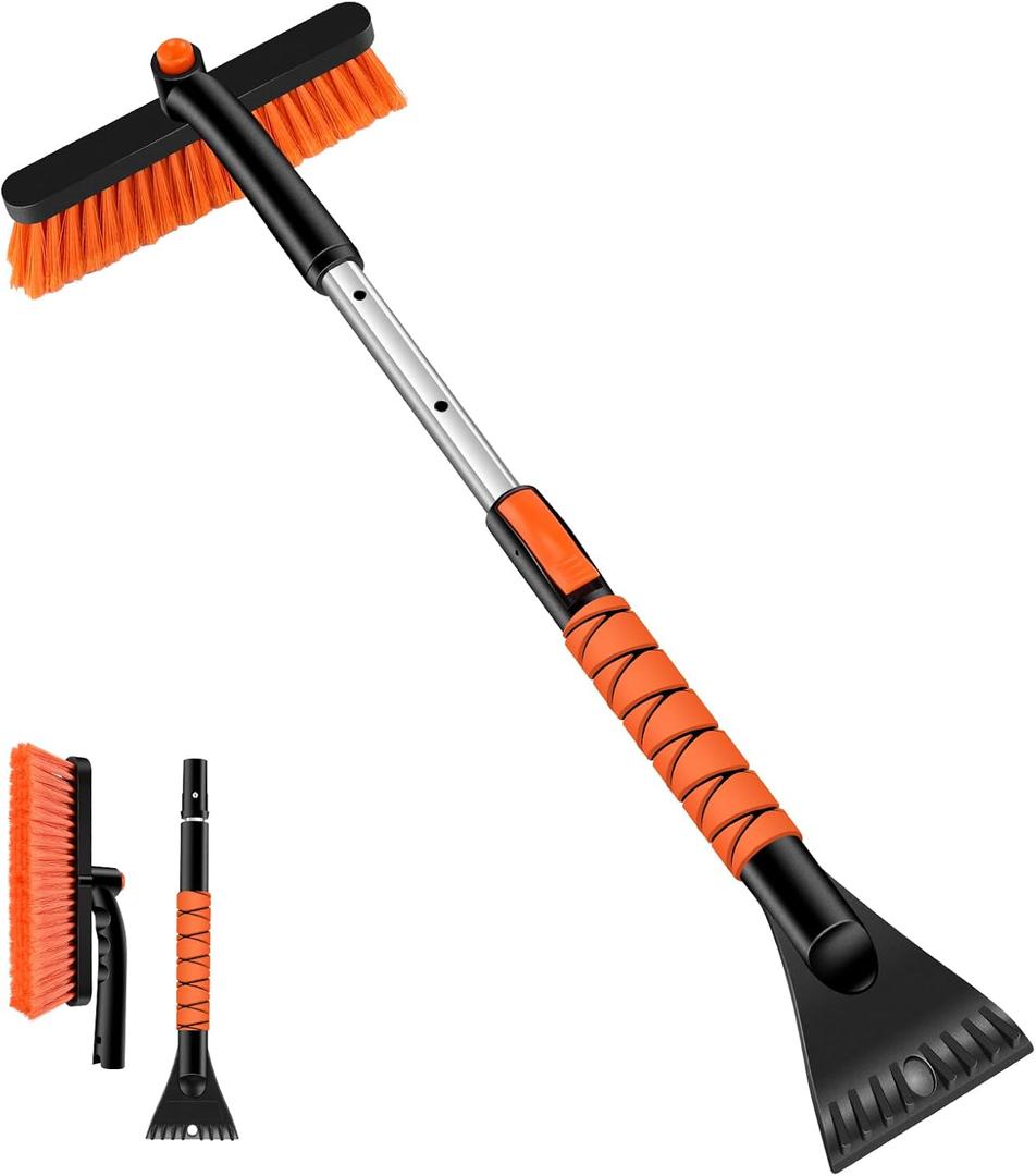 Odoland 33" Extendable Snow Brush with Detachable Ice Scraper for Car Windshield with Foam Grip and 360 Pivoting Brush Head for Christmas Car Auto Truck SUV, Orange (1 Pack)