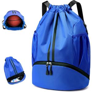 Drawstring Backpack Gymbag Water Resistant Sports Sackpack with Zipper/Shoe Compartment/Wet Pocket/Mesh Pockets Gym Bag for Men Large Capacity String Bag for Travel Soccer Swim Hiking, Blue