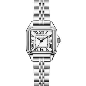 Classic Square Watches for Women with Roman Numerals Ladies Casual Dress Watch (Silver Black)
