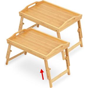 Breakfast Bed Tray for Eating - Height Adjustable Raised Food Table - Bamboo Serving Tray on Lap Sofa - Portable Snack Platter with Folding Legs Ideal for Bedroom, Picnic - Natural 2 Pack