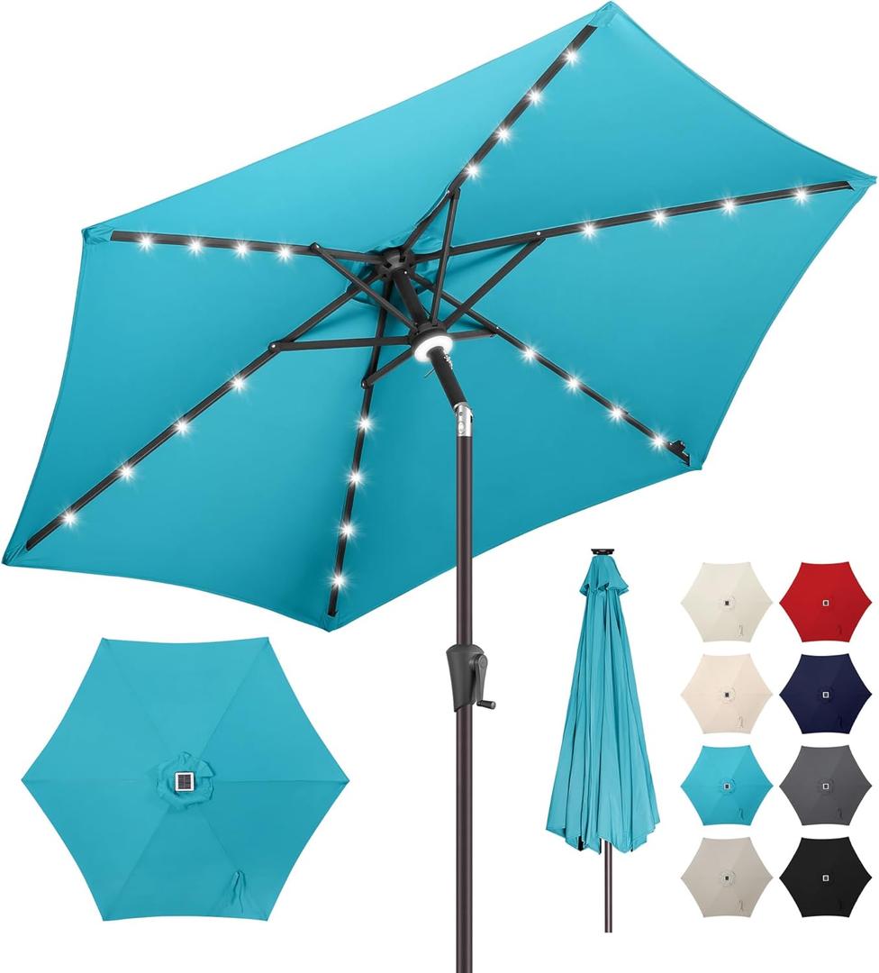 7.5ft Solar Umbrella Outdoor - Lighted Patio Umbrella with 24 LED Lights Waterprool Uv Protection, Table Umbrella with Tilt & Crank for Pool, Porch, Garden, Deck, Backyard(Sky Blue)