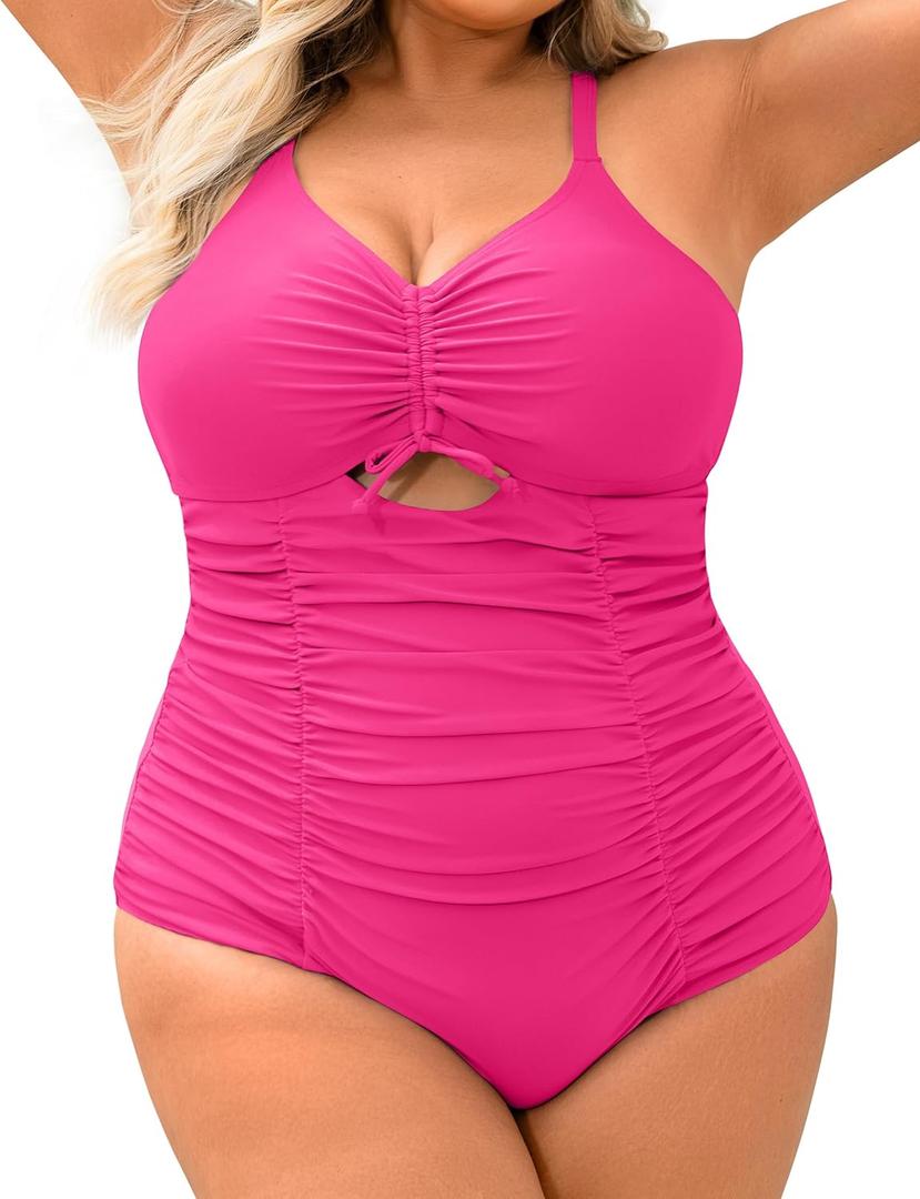 Women's Plus Size One Piece Swimsuits Tummy Control Cutout Swim Romper Bathing Suit V Neck Bow Ties Swimwear XL (4X-Large Plus)