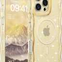 FABSPARK Case for iPhone 15 Pro Max,Compatible with MagSafe,Magnetic Clear Curly Wavy Frame Wave Case with Sparkly Bling Glitter,Transparent Acrylic Hard PC for iPhone 15 Pro Max,Glitter Clear Yellow