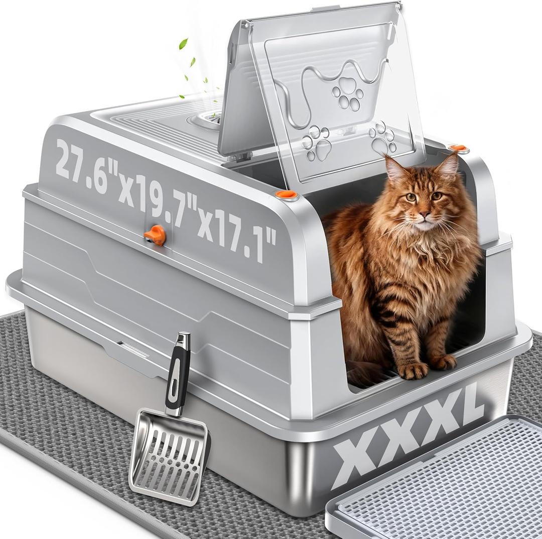 CATLIKE 2026 Upgrade 152L XXXL Stainless Steel Cat Litter Box - 3-Layer Urine Leak-Proof, Enclosed Design w/Charcoal Filter for Maine Coon & Multi-Cat Homes, Includes Metal Scoop & Mat (Silver Light Grey)