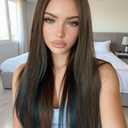 FANCEE Brown Mixed Blue Wig 30 Inch Long Straight Brown Peekaboo Blue Wig for Women 4x1 Lace Part Synthetic Heat Resistant Wigs for Cosplay Halloween Party Daily