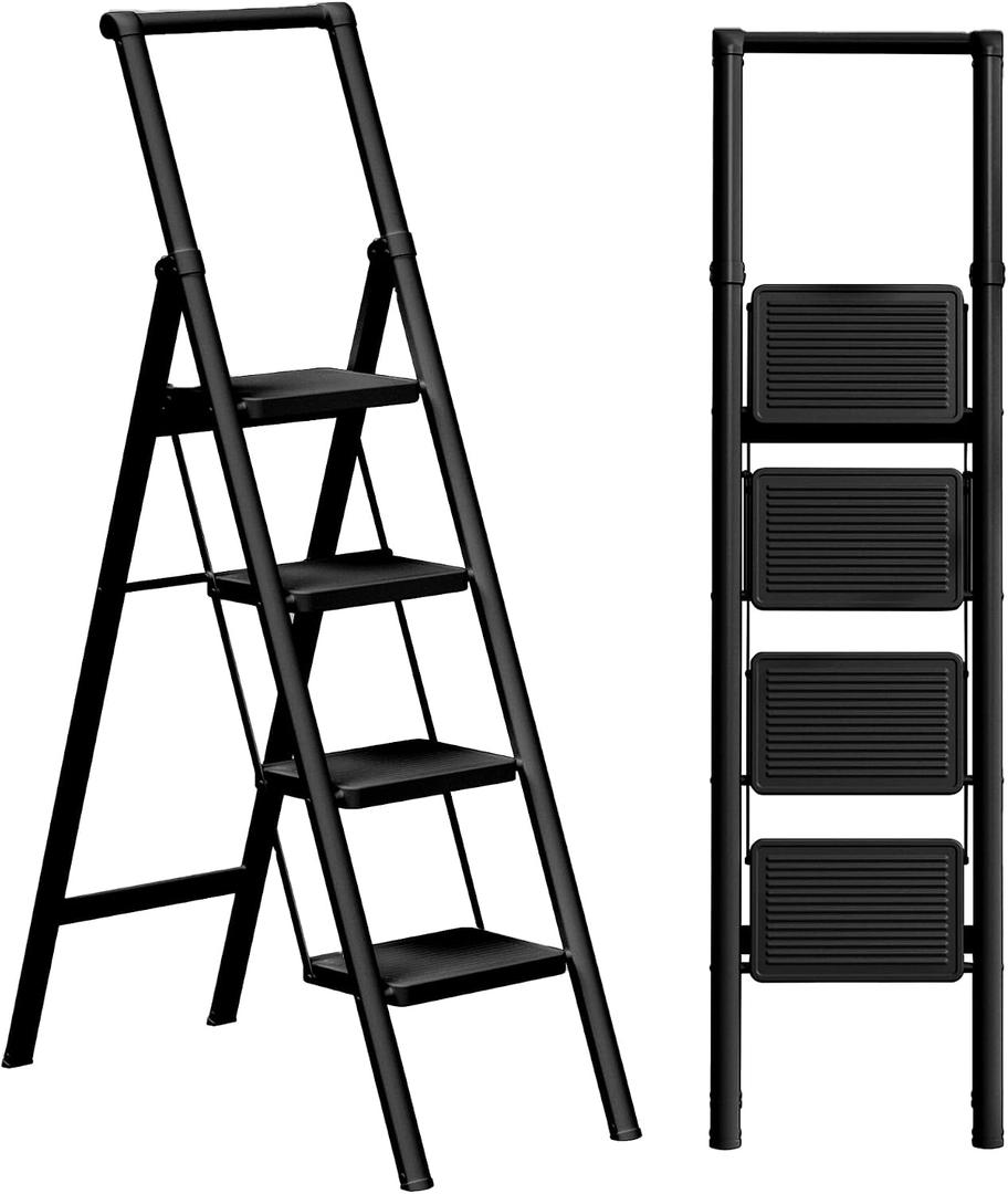 4 Step Ladder Folding Iron Step Stool Stepladders with Anti-Slip and Wide Pedal for Home and Kitchen Use Space Saving (Black)