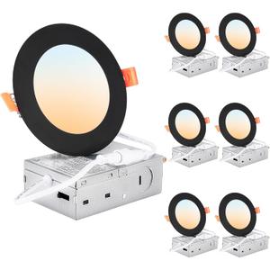 DLLT LED Recessed Ceiling Light: 6 Pack 4 Inch Black Slim Recessed Lighting for Kitchen - 5CCT Dimmable Canless Wafer Downlight for Living Room - 900LM Brightness 6W LED Can Lights for Bedroom ETL FCC