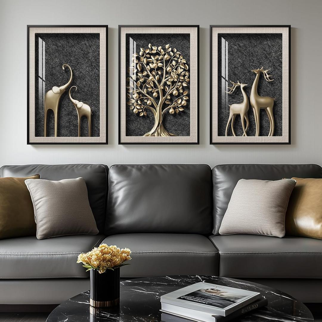 Framed Tree of Life Wall Art for Living Room, 3 Piece Large Elephant Deer Animals Pictures Wall Decor, Modern Luxury Black and Gold Wall Art for Hallway, Kitchen, Home Office Wall Decor, 16x24 Inch