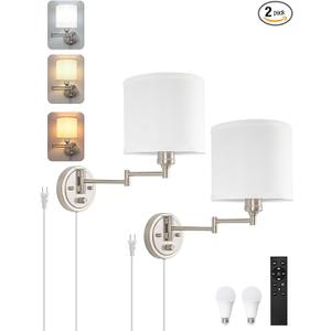 Plug in Wall Sconces with Remote Control, Dimming & Adjustable Colors 2700K-6500K, Hardwire or Plug-in, Swing Arm Wall Lamp with White Fabric Shade, Wall Sconces, Brushed Nickel Finish