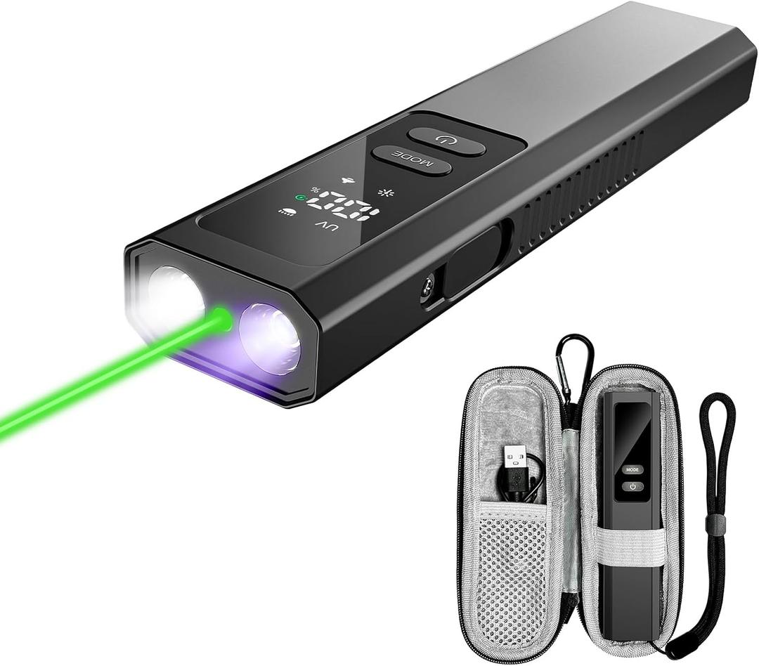 EDC Pocket Flashlight, 1300LM Rechargeable Work Light with UV Light, Green Beam & Side Floodlight, Magnetic Flashlight with Display for Maintenance & Technicians LT-010(Black)