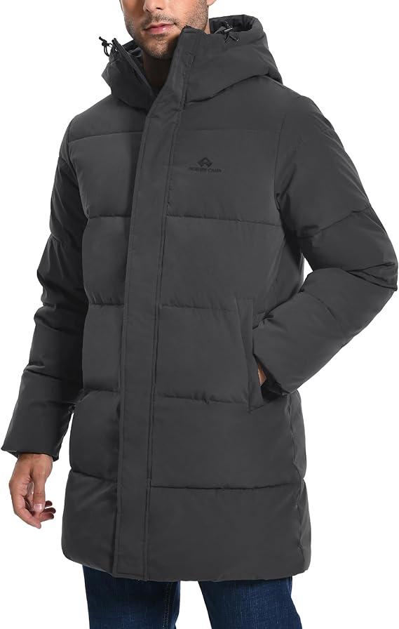 Pioneer Men's Extra Long Parka Winter Coats Hooded Puffer Jacket Heavy Warm Water-resistant Outerwear Cold Weather XL, Dark Grey