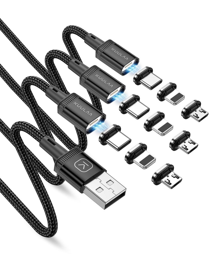Kuulaa 3Pack Magnetic Charging Cable Magnetic Lightning Cable Magnetic Phone Charger 3A Fast Charging with 3 in 1 Charging Tips Nylon-Braided Phone Cable Compatible for All Device (Black)