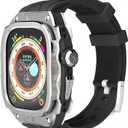 Luxury Metal Case for Apple Watch Ultra 1/ 2 49mm Band with Cover Heavy Duty Rugged Case Silicon Strap for men Full Protective Cover (Silver Knight)