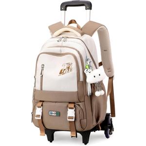 Girls Boys Rolling Backpack, Elementary Middle School Kids Bookbag Roller Backpack for Boys Girls with 6 Wheels, Khaki
