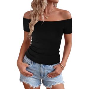 Womens Off The Shoulder Tops Short Sleeve Summer Casual T-Shirts Clothes, Black, XL