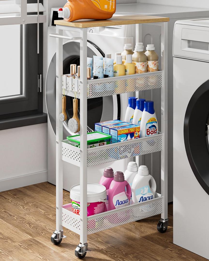 Giwil Slim Rolling Storage Cart 4 Tier Bathroom Organizer Mobile Shelving Unit Utility Cart with Wood Top and Handle for Kitchen Laundry Narrow Places, White