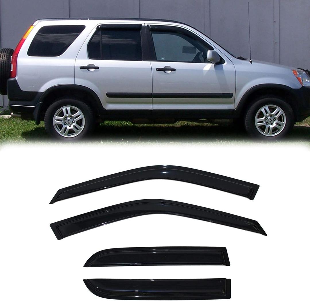 Puermto 94459 Side Window Wind Deflector, 4pcs Out-Channel Tape-On Nice Rain Guards Set, Dark Smoke Window Visor fit for 2002-2006 Honda CR-V
