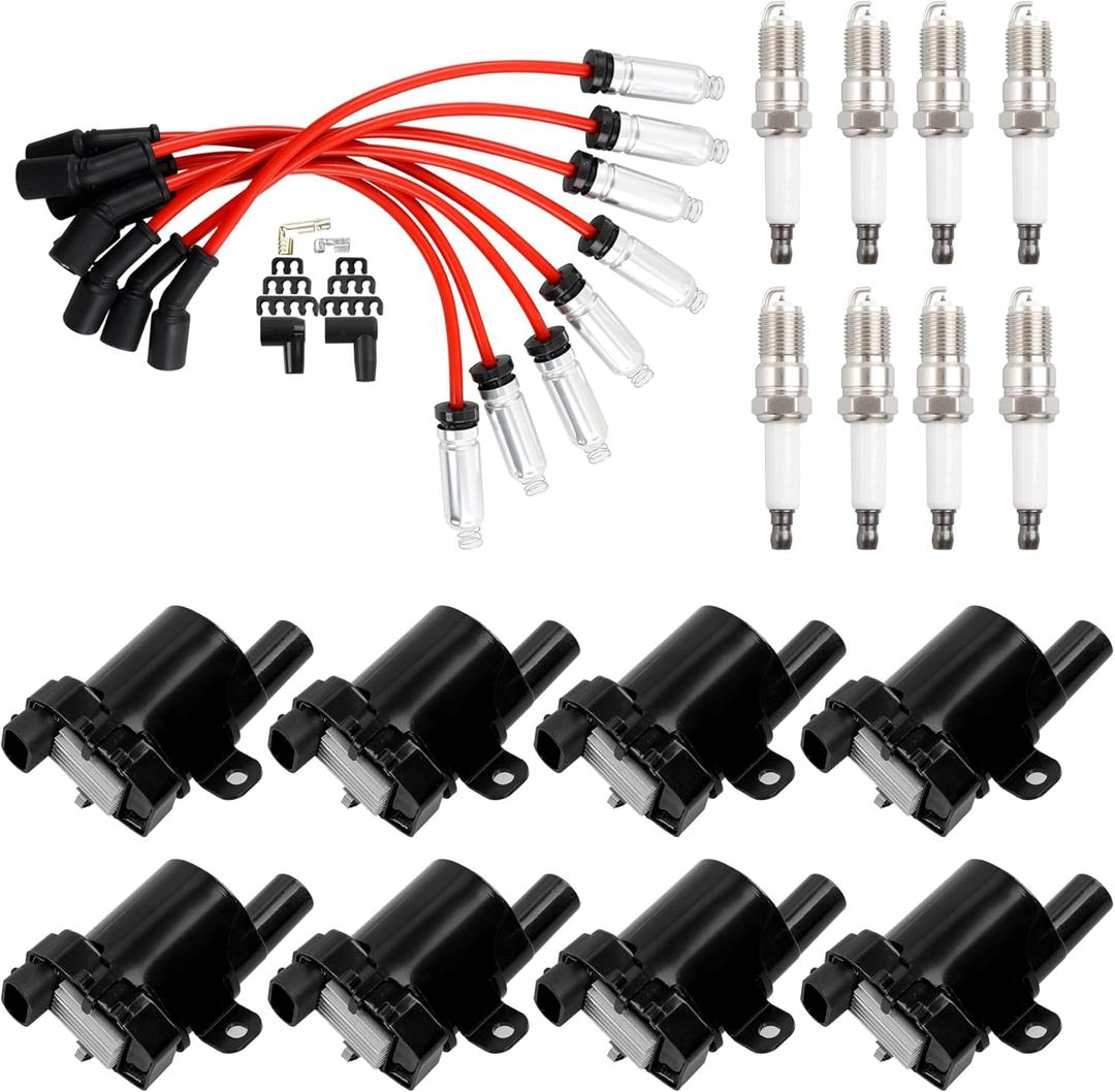 HQPASFY UF262 Ignition Coils & Iridium Spark Plug & Wires Set of 8 Compatible with 1999-2007 Chevy Avalanche Express Silverado 1500 2500 3500 GMC Savana Sierra V8 4.8L 5.3L 6.0L (Round Coils)