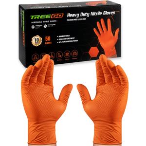 TREEGO 10 Mil Nitrile Gloves Disposable Orange Gloves - Heavy Duty Rubber Mechanic Gloves with Double Diamond Grip, Latex Free Industrial Work Gloves for Tools & Garage, 50 Count Medium
