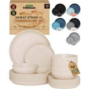 Grow Forward 24-piece Premium Wheat Straw Dinnerware Sets for 8 - Unbreakable Dishwasher & Microwave Safe Plastic Plates and Bowls Sets - Patio, Outdoors, RV, Camping Dishes - Sahara