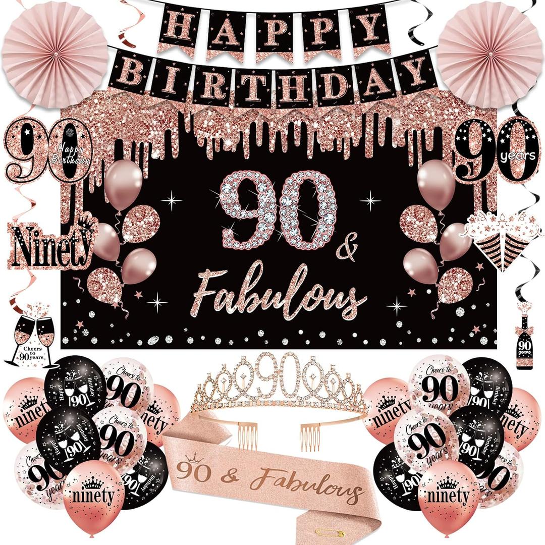 90th Birthday Decorations for Women, 33pcs 90th Crown and Sash, Black Rose Gold Happy 90th Birthday Banner Balloons Backdrop Hanging Swirls Paper Fans, 90 Years Old Bady Decorations Kit
