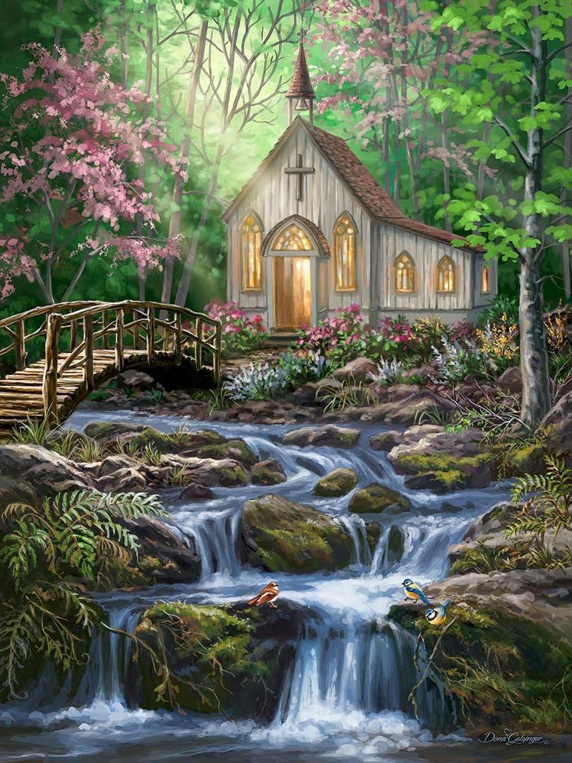 Springbok Peaceful Prayer 500 Piece Jigsaw Puzzle for Adults - Relaxing Church in The Woods - Unique Cut Pieces - Made in USA
