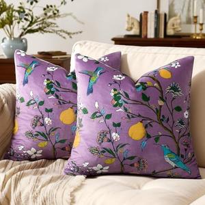 MUSSEL Light Purple Floral Pillow Covers 18x18 Set of 2, Velvet Wild Flower Plant Throw Pillows Case, Square Farmhouse Decor Cushion Covers for Home Sofa Bed Couch