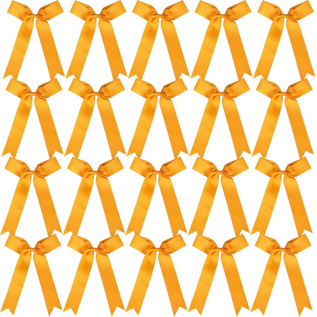 20pcs Collegiate Style Cheer Bows for Girls, Long Tail Skinny Cheer Bow Ponytail Holder Handmade Bows for Girls Teens Softball Cheerleader Sports (Gold)